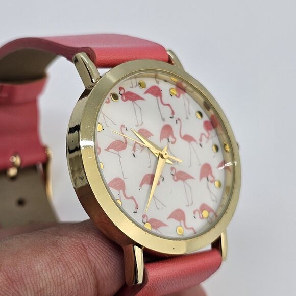 37MM Women's Watch Flamingo Dial Pink Faux Leather Bands New Battery - Picture 3 of 13
